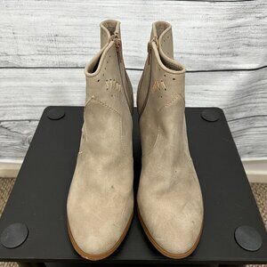 Restricted Tan Perforated Ankle Boots With Stacked Wooden Heel, Size 9